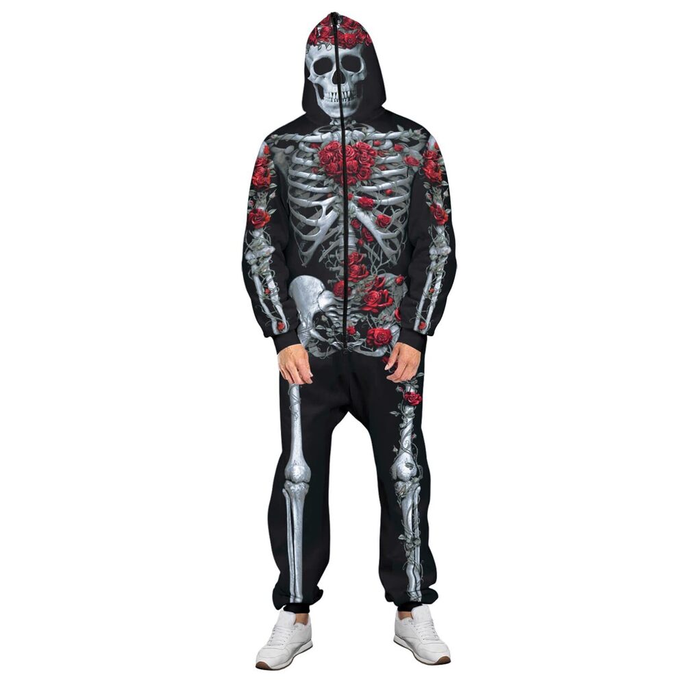 6291 Halloween Pajamas Skeleton Jumpsuit for Halloween with Zip Up 3D Rose